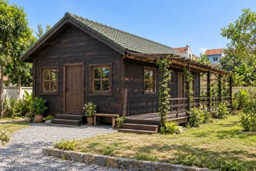 Nhà Gỗ Bungalow B59 - Giàn Nan Gỗ Liền Một Mặt Hông, Gỗ Thông Màu Gỗ Cháy