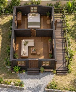Nhà Gỗ Bungalow B59 - Giàn Nan Gỗ Liền Một Mặt Hông, Gỗ Thông Màu Gỗ Cháy