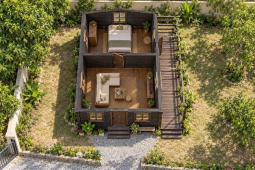 Nhà Gỗ Bungalow B59 - Giàn Nan Gỗ Liền Một Mặt Hông, Gỗ Thông Màu Gỗ Cháy