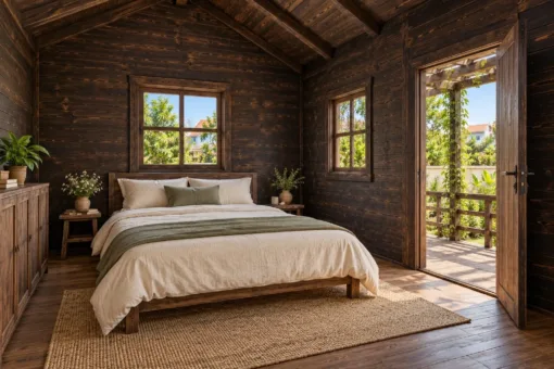 Nhà Gỗ Bungalow B59 - Giàn Nan Gỗ Liền Một Mặt Hông, Gỗ Thông Màu Gỗ Cháy