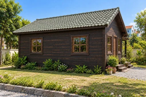 Nhà Gỗ Bungalow B59 - Giàn Nan Gỗ Liền Một Mặt Hông, Gỗ Thông Màu Gỗ Cháy