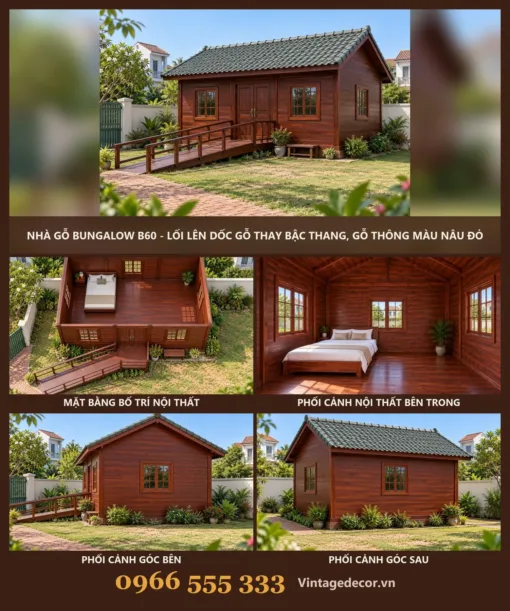 Nhà Gỗ Bungalow B60 - Lối Lên Dốc Gỗ Thay Bậc Thang, Gỗ Thông Màu Nâu Đỏ Nhà Gỗ Bungalow B60 - Lối Lên Dốc Gỗ Thay Bậc Thang, Gỗ Thông Màu Nâu Đỏ