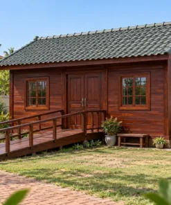 Nhà Gỗ Bungalow B60 - Lối Lên Dốc Gỗ Thay Bậc Thang, Gỗ Thông Màu Nâu Đỏ