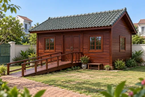 Nhà Gỗ Bungalow B60 - Lối Lên Dốc Gỗ Thay Bậc Thang, Gỗ Thông Màu Nâu Đỏ Nhà Gỗ Bungalow B60 - Lối Lên Dốc Gỗ Thay Bậc Thang, Gỗ Thông Màu Nâu Đỏ