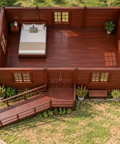 Nhà Gỗ Bungalow B60 - Lối Lên Dốc Gỗ Thay Bậc Thang, Gỗ Thông Màu Nâu Đỏ