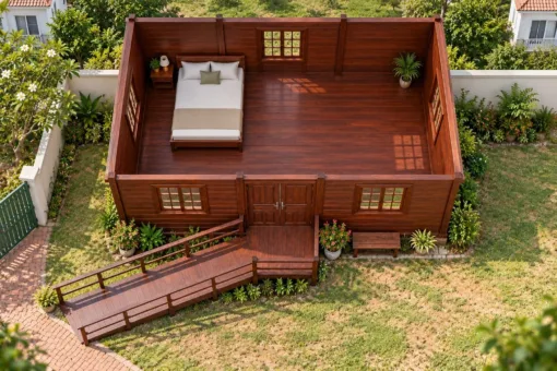 Nhà Gỗ Bungalow B60 - Lối Lên Dốc Gỗ Thay Bậc Thang, Gỗ Thông Màu Nâu Đỏ Nhà Gỗ Bungalow B60 - Lối Lên Dốc Gỗ Thay Bậc Thang, Gỗ Thông Màu Nâu Đỏ