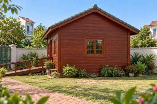 Nhà Gỗ Bungalow B60 - Lối Lên Dốc Gỗ Thay Bậc Thang, Gỗ Thông Màu Nâu Đỏ Nhà Gỗ Bungalow B60 - Lối Lên Dốc Gỗ Thay Bậc Thang, Gỗ Thông Màu Nâu Đỏ
