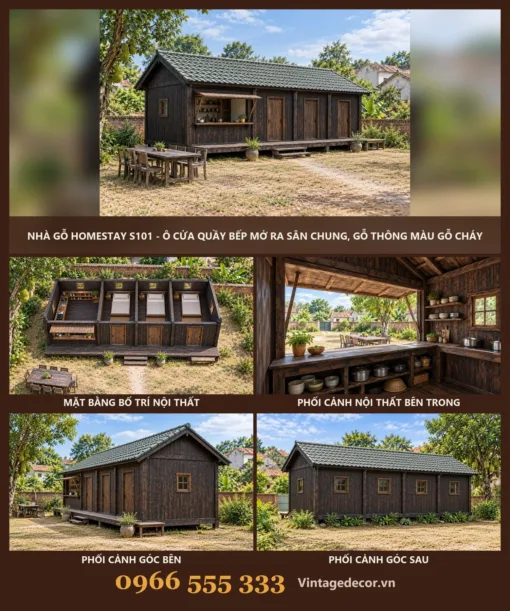 Nhà Gỗ Homestay S101 - Ô Cửa Quầy Bếp Mở Ra Sân Chung, Gỗ Thông Màu Gỗ Cháy Nhà Gỗ Homestay S101 - Ô Cửa Quầy Bếp Mở Ra Sân Chung, Gỗ Thông Màu Gỗ Cháy