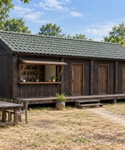Nhà Gỗ Homestay S101 - Ô Cửa Quầy Bếp Mở Ra Sân Chung, Gỗ Thông Màu Gỗ Cháy