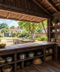 Nhà Gỗ Homestay S101 - Ô Cửa Quầy Bếp Mở Ra Sân Chung, Gỗ Thông Màu Gỗ Cháy