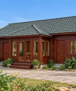 Nhà Gỗ Homestay S102 - Gian Chung Nhô Ra Trước Ba Mặt Cửa Kính, Gỗ Thông Màu Nâu Đỏ