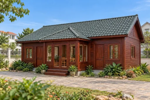 Nhà Gỗ Homestay S102 - Gian Chung Nhô Ra Trước Ba Mặt Cửa Kính, Gỗ Thông Màu Nâu Đỏ Nhà Gỗ Homestay S102 - Gian Chung Nhô Ra Trước Ba Mặt Cửa Kính, Gỗ Thông Màu Nâu Đỏ