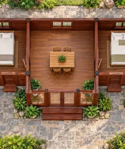 Nhà Gỗ Homestay S102 - Gian Chung Nhô Ra Trước Ba Mặt Cửa Kính, Gỗ Thông Màu Nâu Đỏ