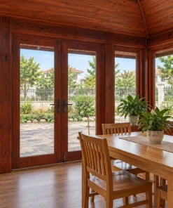 Nhà Gỗ Homestay S102 - Gian Chung Nhô Ra Trước Ba Mặt Cửa Kính, Gỗ Thông Màu Nâu Đỏ