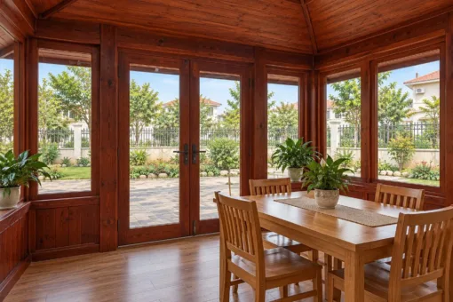 Nhà Gỗ Homestay S102 - Gian Chung Nhô Ra Trước Ba Mặt Cửa Kính, Gỗ Thông Màu Nâu Đỏ Nhà Gỗ Homestay S102 - Gian Chung Nhô Ra Trước Ba Mặt Cửa Kính, Gỗ Thông Màu Nâu Đỏ