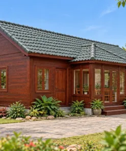 Nhà Gỗ Homestay S102 - Gian Chung Nhô Ra Trước Ba Mặt Cửa Kính, Gỗ Thông Màu Nâu Đỏ
