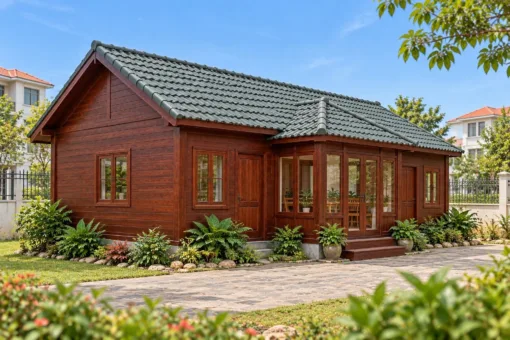 Nhà Gỗ Homestay S102 - Gian Chung Nhô Ra Trước Ba Mặt Cửa Kính, Gỗ Thông Màu Nâu Đỏ Nhà Gỗ Homestay S102 - Gian Chung Nhô Ra Trước Ba Mặt Cửa Kính, Gỗ Thông Màu Nâu Đỏ