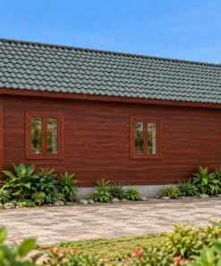 Nhà Gỗ Homestay S102 - Gian Chung Nhô Ra Trước Ba Mặt Cửa Kính, Gỗ Thông Màu Nâu Đỏ