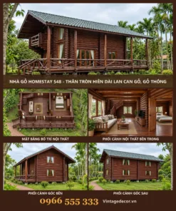 Nhà gỗ homestay S48 thân tròn hiên dài – ảnh ghép mặt trước, mặt bằng, phòng khách, góc bên, góc sau