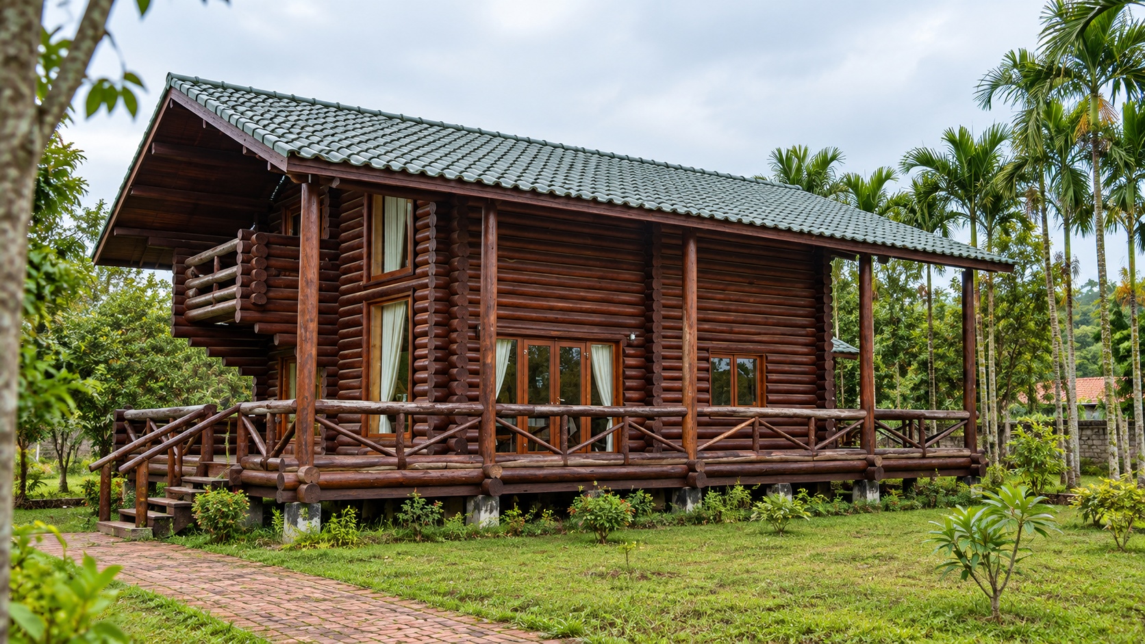 Nhà Gỗ Homestay S48 - Thân Tròn Hiên Dài Lan Can Gỗ, Gỗ Thông Nhà Gỗ Homestay S48 - Thân Tròn Hiên Dài Lan Can Gỗ, Gỗ Thông