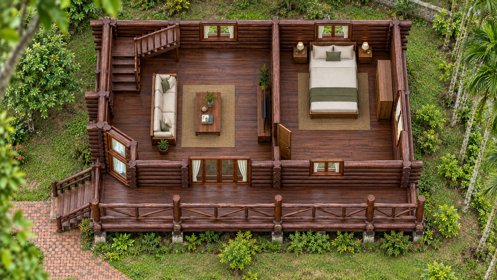 Nhà Gỗ Homestay S48 - Thân Tròn Hiên Dài Lan Can Gỗ, Gỗ Thông Nhà Gỗ Homestay S48 - Thân Tròn Hiên Dài Lan Can Gỗ, Gỗ Thông
