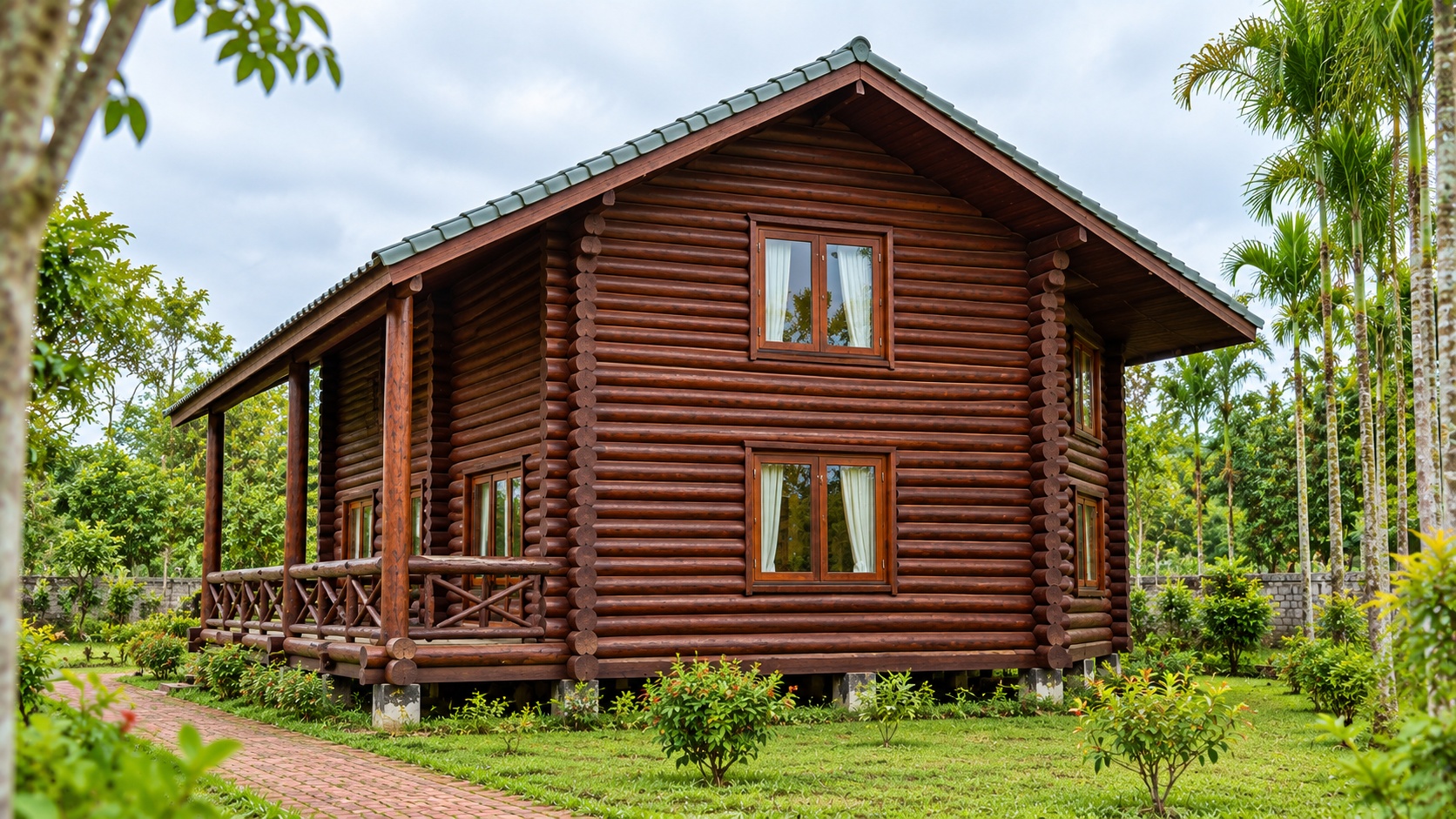 Nhà Gỗ Homestay S48 - Thân Tròn Hiên Dài Lan Can Gỗ, Gỗ Thông Nhà Gỗ Homestay S48 - Thân Tròn Hiên Dài Lan Can Gỗ, Gỗ Thông
