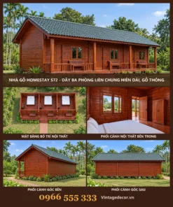Nhà Gỗ Homestay S72 - Dãy Ba Phòng Liền Chung Hiên Dài, Gỗ Thông