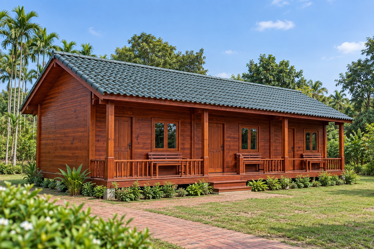 Nhà Gỗ Homestay S72 - Dãy Ba Phòng Liền Chung Hiên Dài, Gỗ Thông Nhà Gỗ Homestay S72 - Dãy Ba Phòng Liền Chung Hiên Dài, Gỗ Thông