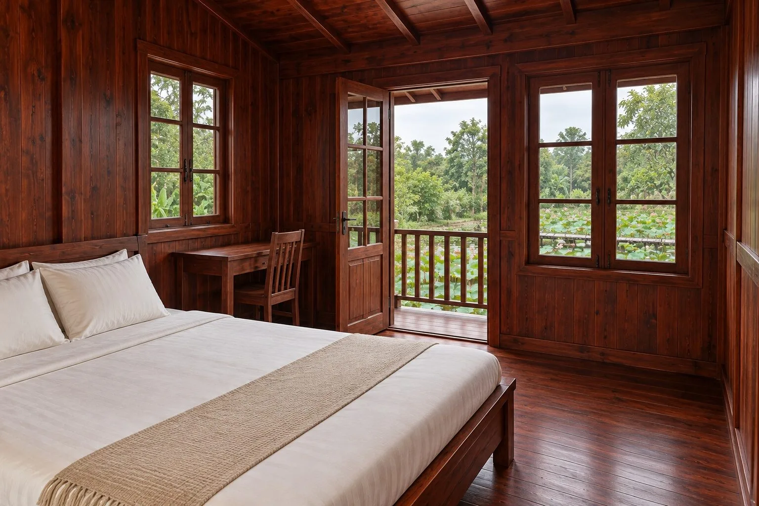 Phòng ngủ tầng trên nhà gỗ homestay S73 vách nâu đỏ, giường đôi, bàn ghế nhỏ cạnh cửa sổ, cửa mở ra ban công nhìn đồng sen