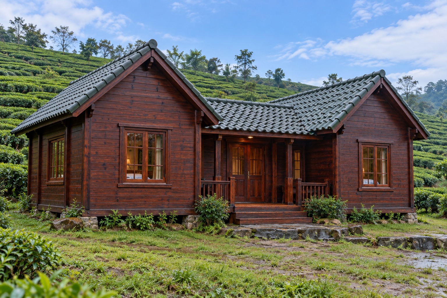 Nhà Gỗ Homestay S74 - Hai Khối Phòng Đầu Hồi Ra Trước Nối Gian Khách Giữa, Gỗ Thông Màu Nâu Cánh Gián Nhà Gỗ Homestay S74 - Hai Khối Phòng Đầu Hồi Ra Trước Nối Gian Khách Giữa, Gỗ Thông Màu Nâu Cánh Gián