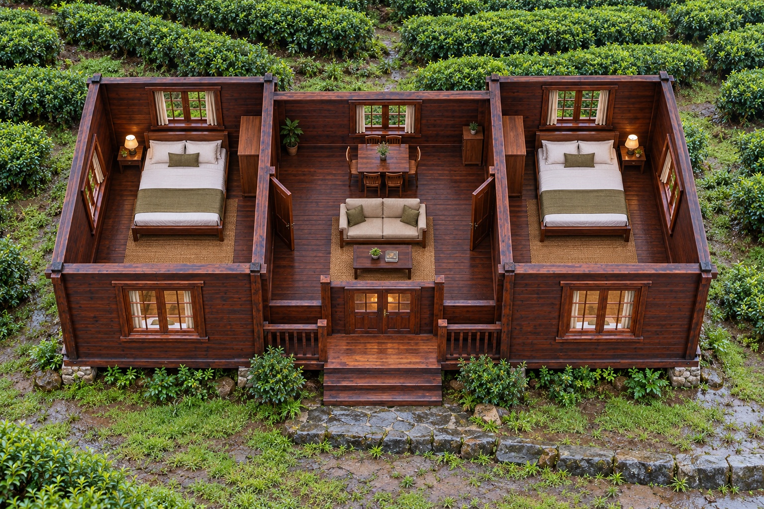 Nhà Gỗ Homestay S74 - Hai Khối Phòng Đầu Hồi Ra Trước Nối Gian Khách Giữa, Gỗ Thông Màu Nâu Cánh Gián Nhà Gỗ Homestay S74 - Hai Khối Phòng Đầu Hồi Ra Trước Nối Gian Khách Giữa, Gỗ Thông Màu Nâu Cánh Gián