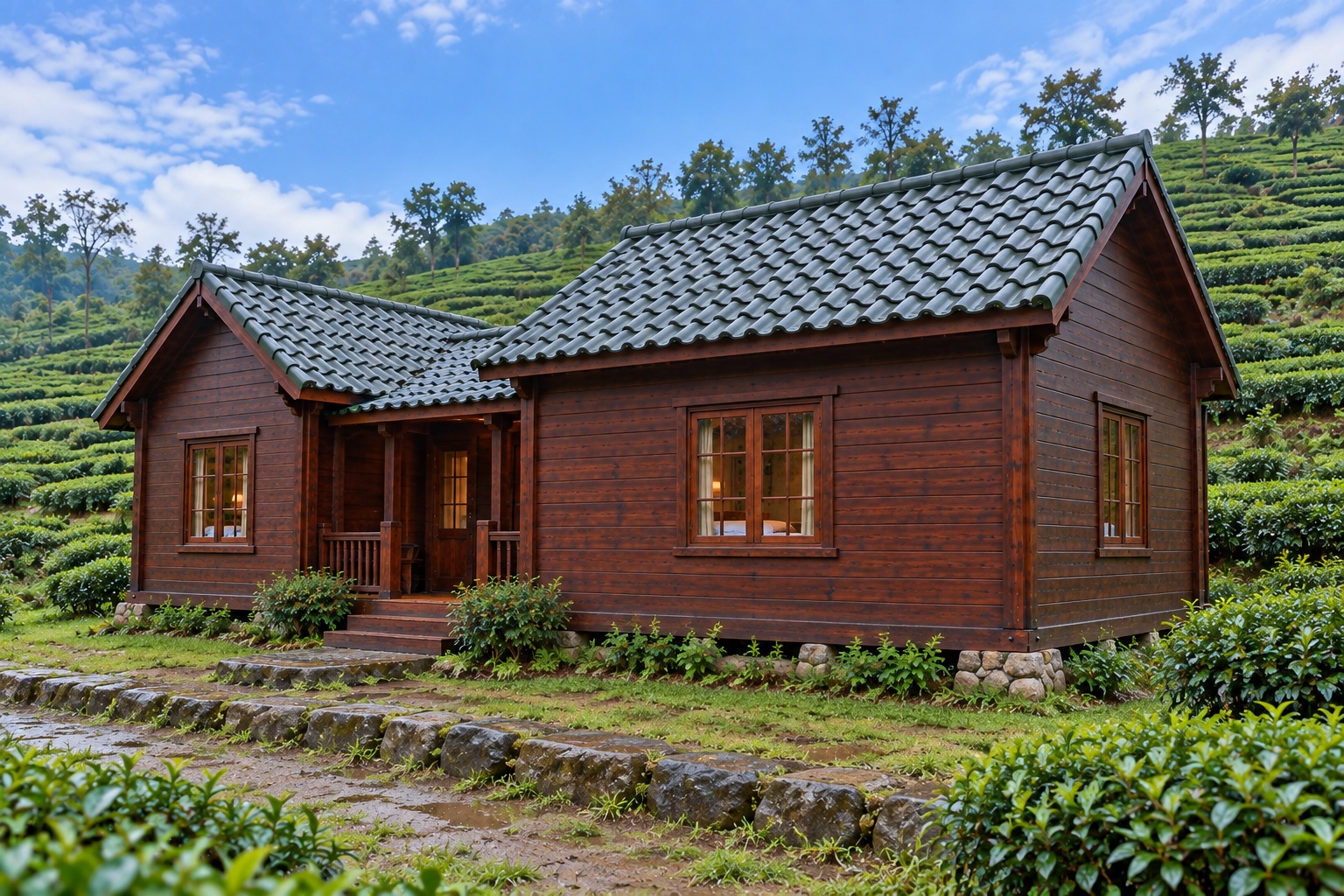 Nhà Gỗ Homestay S74 - Hai Khối Phòng Đầu Hồi Ra Trước Nối Gian Khách Giữa, Gỗ Thông Màu Nâu Cánh Gián Nhà Gỗ Homestay S74 - Hai Khối Phòng Đầu Hồi Ra Trước Nối Gian Khách Giữa, Gỗ Thông Màu Nâu Cánh Gián