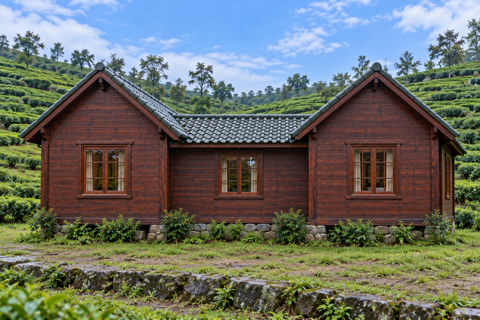 Nhà Gỗ Homestay S74 - Hai Khối Phòng Đầu Hồi Ra Trước Nối Gian Khách Giữa, Gỗ Thông Màu Nâu Cánh Gián Nhà Gỗ Homestay S74 - Hai Khối Phòng Đầu Hồi Ra Trước Nối Gian Khách Giữa, Gỗ Thông Màu Nâu Cánh Gián
