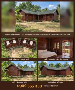 Nhà gỗ homestay S76 bốn phòng chữ L – ảnh ghép mặt trước, mặt bằng, phòng ngủ, góc bên, góc sau