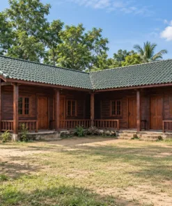 Nhà gỗ homestay S76 – hai nhánh chữ L, hiên lan can chạy theo góc, sân chung phía trước