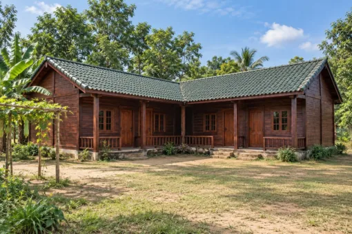Nhà Gỗ Homestay S76 - Dãy Bốn Phòng Chữ L Ôm Sân Chung, Gỗ Thông Màu Nâu Cánh Gián Nhà gỗ homestay S76 – hai nhánh chữ L, hiên lan can chạy theo góc, sân chung phía trước