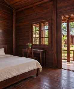 Nhà gỗ homestay S76 – phòng ngủ vách gỗ, bàn nhỏ dưới cửa sổ, cửa mở ra hiên