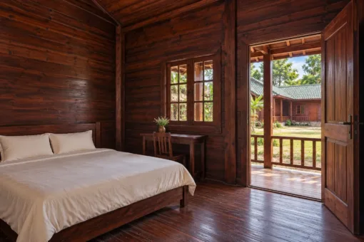Nhà Gỗ Homestay S76 - Dãy Bốn Phòng Chữ L Ôm Sân Chung, Gỗ Thông Màu Nâu Cánh Gián Nhà gỗ homestay S76 – phòng ngủ vách gỗ, bàn nhỏ dưới cửa sổ, cửa mở ra hiên