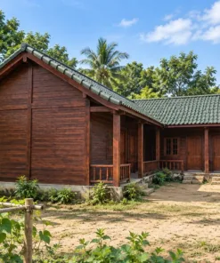 Nhà gỗ homestay S76 – đầu hồi một nhánh, hiên lan can rẽ góc chữ L