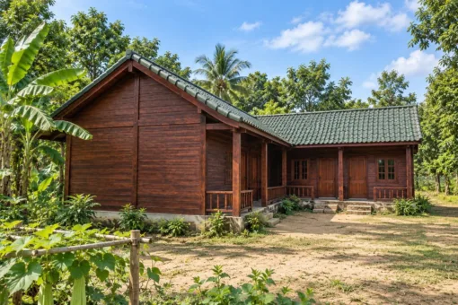 Nhà Gỗ Homestay S76 - Dãy Bốn Phòng Chữ L Ôm Sân Chung, Gỗ Thông Màu Nâu Cánh Gián Nhà gỗ homestay S76 – đầu hồi một nhánh, hiên lan can rẽ góc chữ L