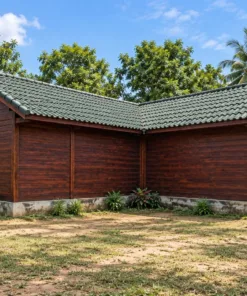 Nhà gỗ homestay S76 – mặt ngoài chữ L vách kín, mái hai nhánh gặp nhau ở góc
