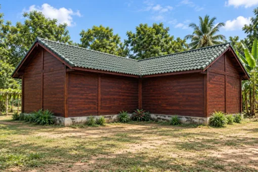Nhà Gỗ Homestay S76 - Dãy Bốn Phòng Chữ L Ôm Sân Chung, Gỗ Thông Màu Nâu Cánh Gián Nhà gỗ homestay S76 – mặt ngoài chữ L vách kín, mái hai nhánh gặp nhau ở góc