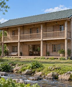 Nhà Gỗ Homestay S77 - Hai Tầng Hành Lang Ngoài Tầng Trên Ba Phòng, Gỗ Thông Màu Vintage