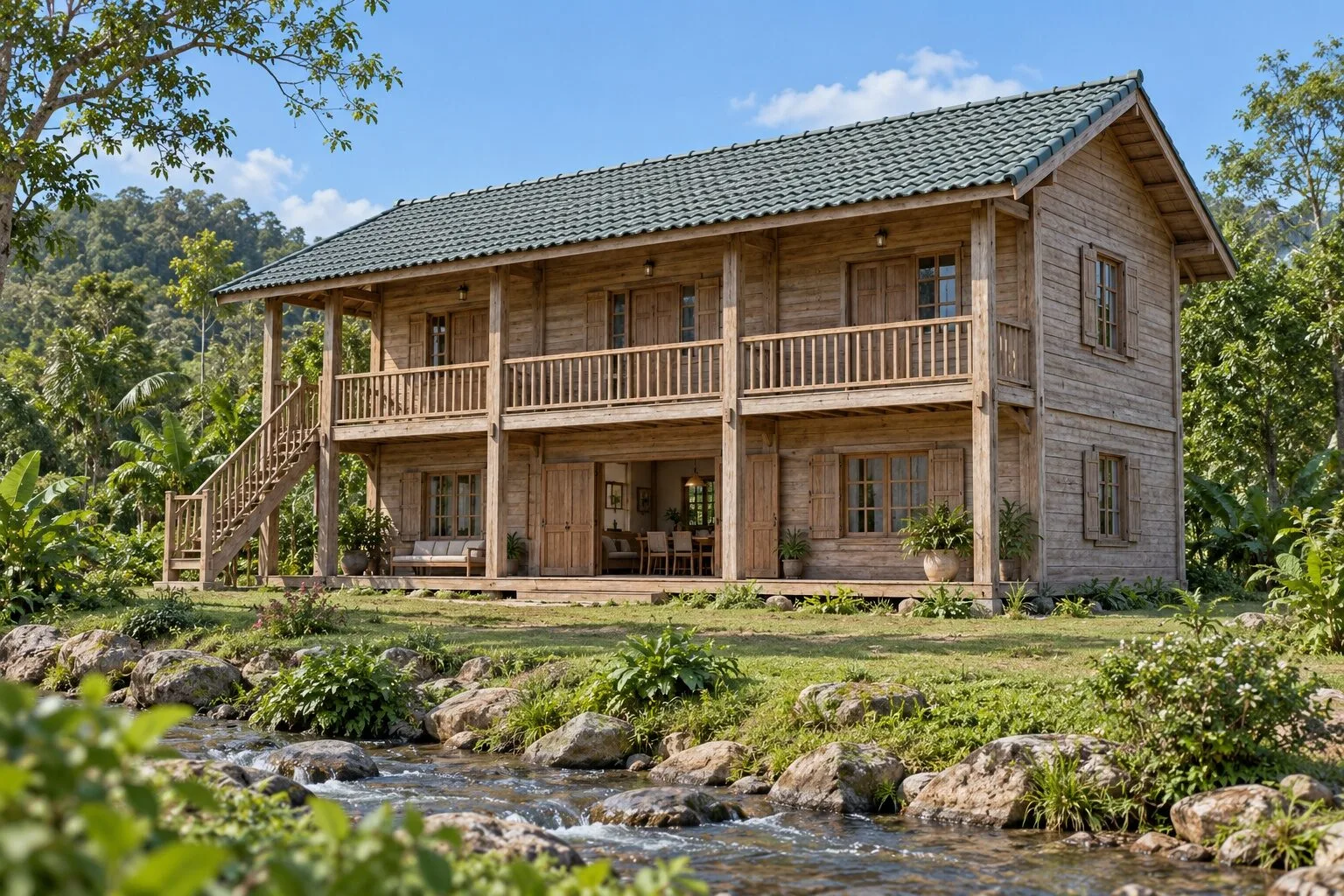 Nhà gỗ homestay S77 hai tầng: hành lang lan can chạy suốt tầng trên, cầu thang gỗ ngoài nhà ở đầu hồi, suối đá phía trước