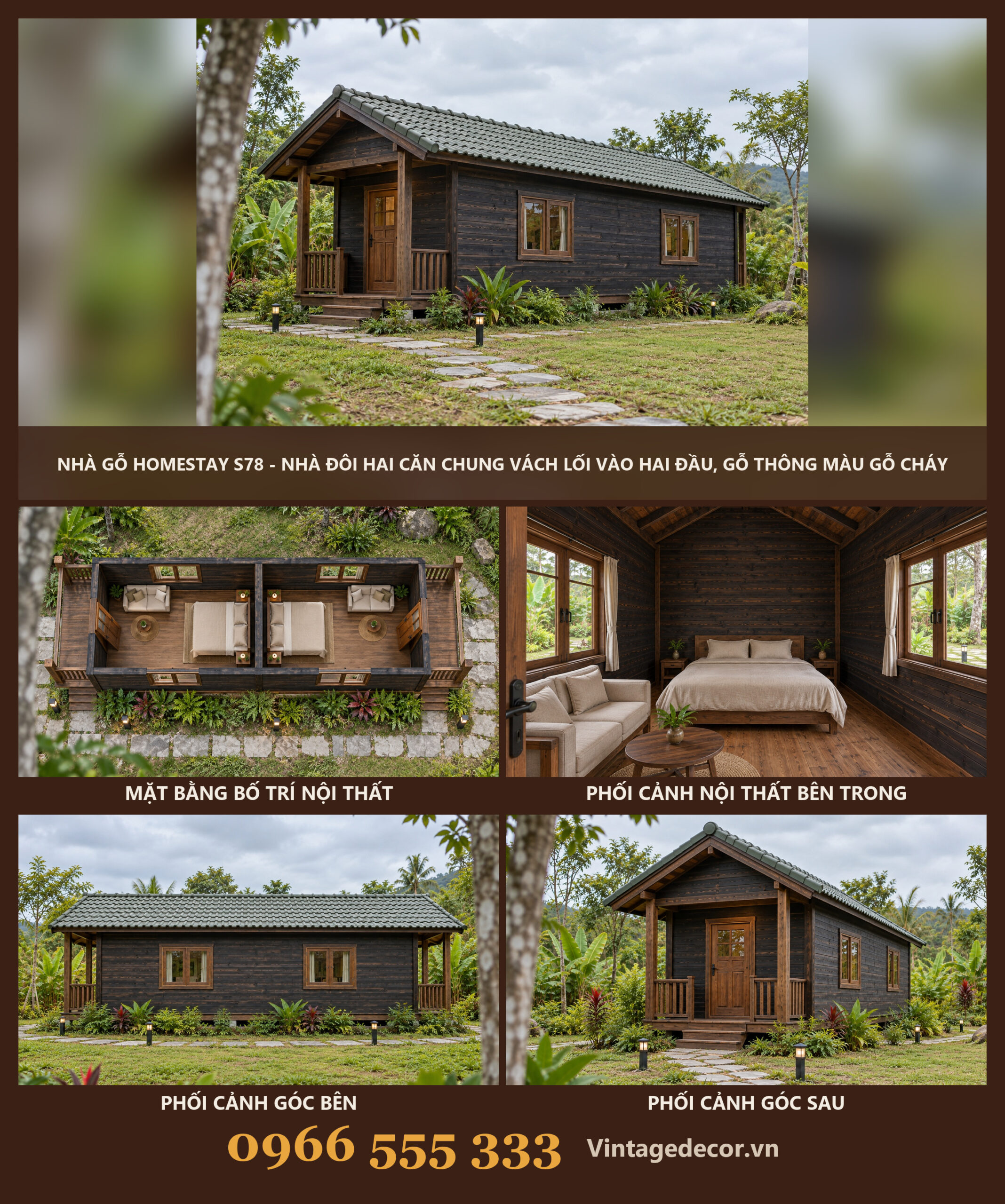 Nhà Gỗ Homestay S78 - Nhà Đôi Hai Căn Chung Vách Lối Vào Hai Đầu, Gỗ Thông Màu Gỗ Cháy Nhà Gỗ Homestay S78 - Nhà Đôi Hai Căn Chung Vách Lối Vào Hai Đầu, Gỗ Thông Màu Gỗ Cháy