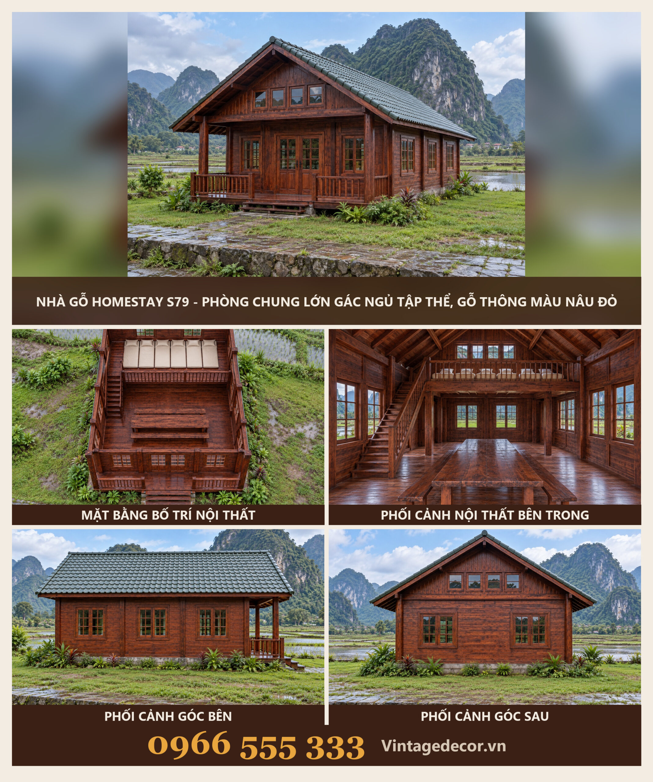 Nhà Gỗ Homestay S79 - Phòng Chung Lớn Gác Ngủ Tập Thể, Gỗ Thông Màu Nâu Đỏ Nhà Gỗ Homestay S79 - Phòng Chung Lớn Gác Ngủ Tập Thể, Gỗ Thông Màu Nâu Đỏ