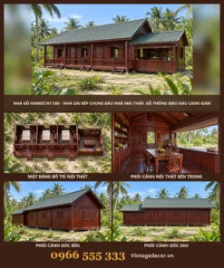 Nhà gỗ homestay S80 nhà dài bếp chung – ảnh ghép mặt trước, mặt bằng, khối bếp, góc bên, góc sau