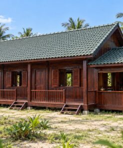 Nhà Gỗ Homestay S80 - Nhà Dài Bếp Chung Đầu Nhà Mái Thấp, Gỗ Thông Màu Nâu Cánh Gián