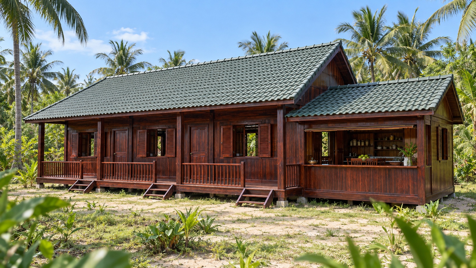 Nhà Gỗ Homestay S80 - Nhà Dài Bếp Chung Đầu Nhà Mái Thấp, Gỗ Thông Màu Nâu Cánh Gián Nhà Gỗ Homestay S80 - Nhà Dài Bếp Chung Đầu Nhà Mái Thấp, Gỗ Thông Màu Nâu Cánh Gián