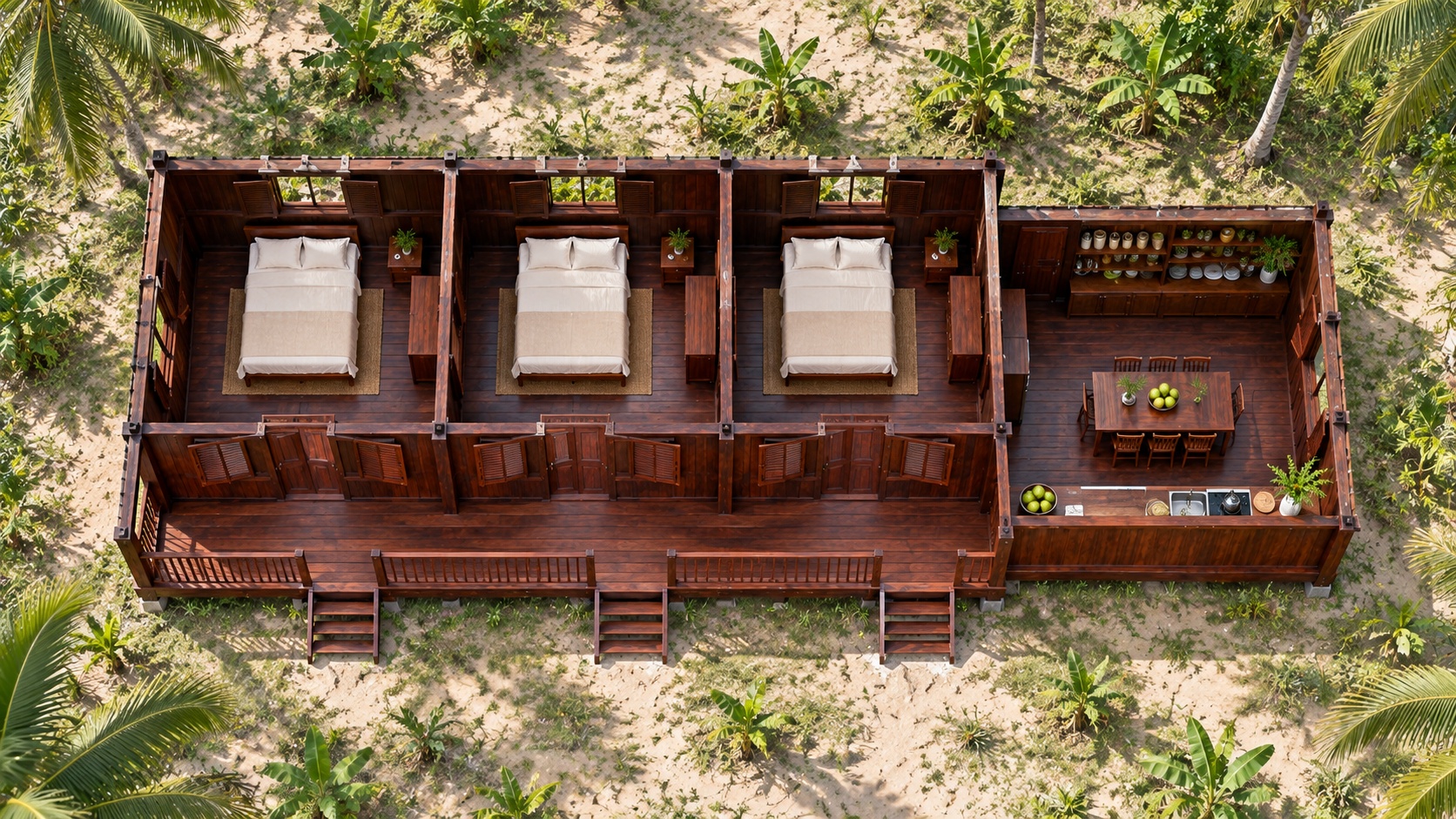 Nhà Gỗ Homestay S80 - Nhà Dài Bếp Chung Đầu Nhà Mái Thấp, Gỗ Thông Màu Nâu Cánh Gián Nhà Gỗ Homestay S80 - Nhà Dài Bếp Chung Đầu Nhà Mái Thấp, Gỗ Thông Màu Nâu Cánh Gián